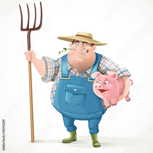 Thick old farmer in overalls and a straw hat holding a pitchfork