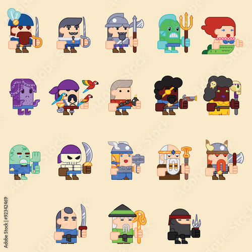 Different characters for the game zombi, skeleton, warriors, monstors, mages. Sprites. Vector flat illustrations.