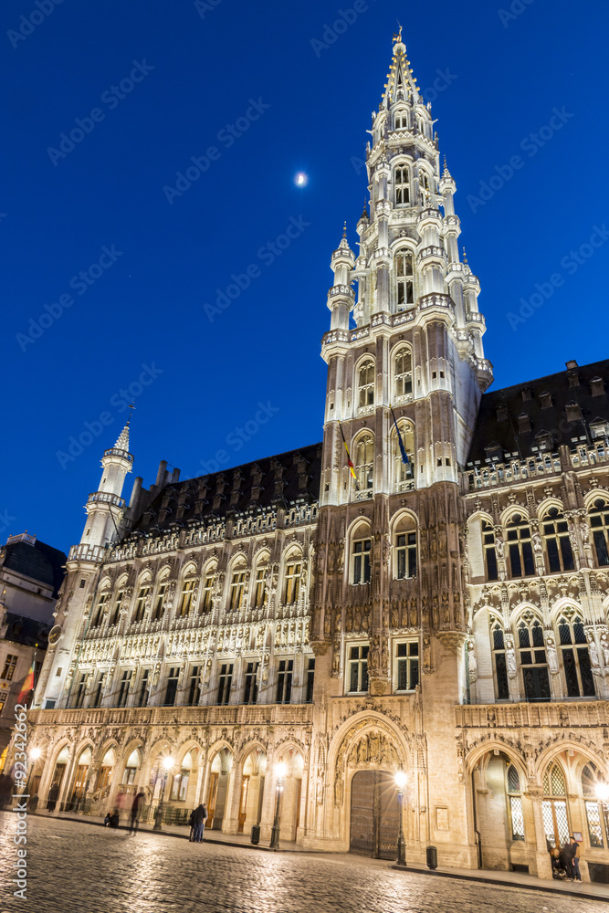 Hôtel de Ville de Bruxelles in evening lights at Grand Place, Brussels, Belgium