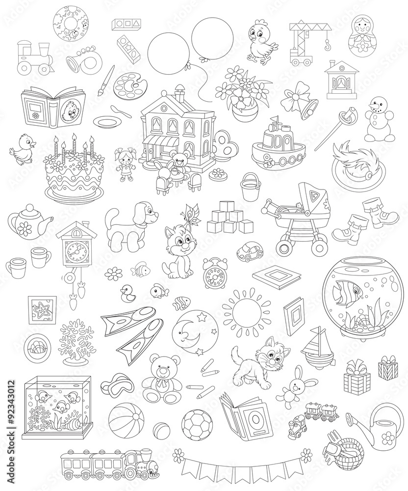 Set of funny vector toys, pets, gifts and other objects on a white background