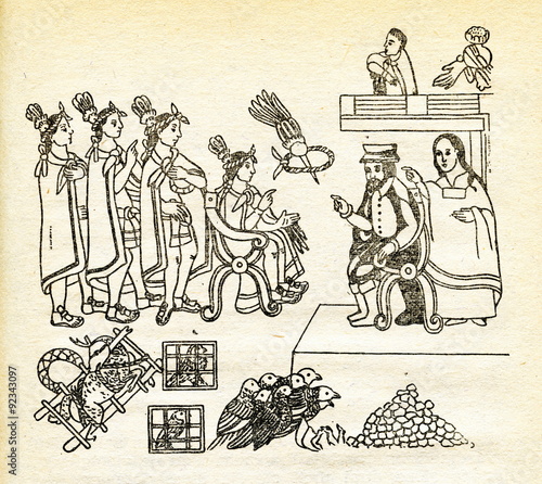 Cortes and La Malinche meet Moctezuma in Tenochtitlan, November 8, 1519
