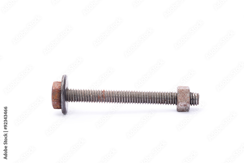 Old rusty steel bolt and nut with flat metal washer, isolated Old rusty steel bolt and nut with flat metal washer, isolated