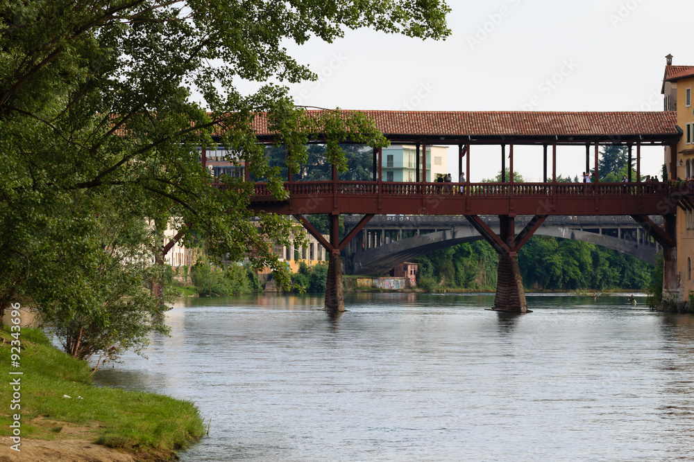 Panorama from Bassano del Grappa, old wooden bridge over Brenta river, italian landscape Panorama from Bassano del Grappa, old wooden bridge over Brenta river, italian landscape