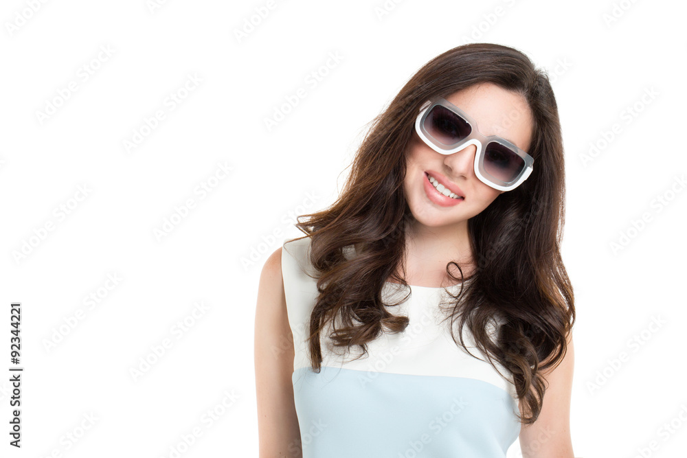 Portrait of young beautiful woman wearing white sunglasses. Portrait of young beautiful woman wearing white sunglasses.