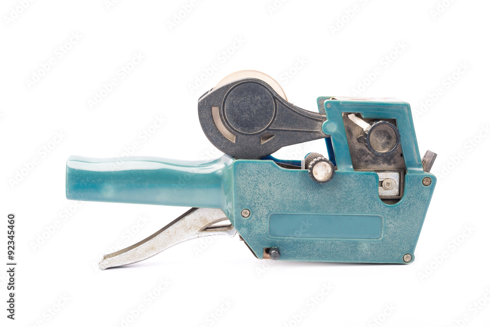 Old price label, shop pricing gun, soft shadow, on a white backg Old price label, shop pricing gun, soft shadow, on a white backg