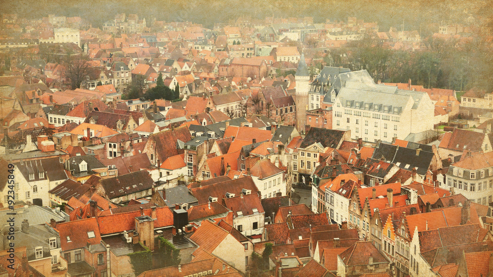 Top view on the historic center, Bruges,  Belgium. . Toned image