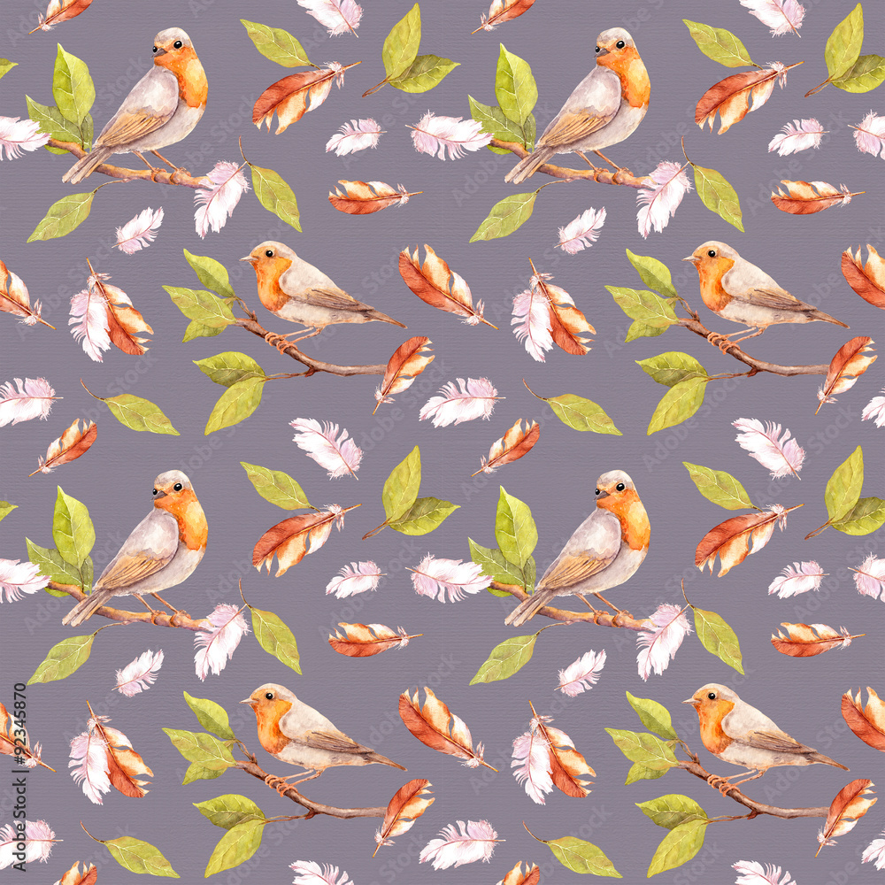 Fototapeta premium Bird on branch and feathers. Seamless pattern. Watercolor
