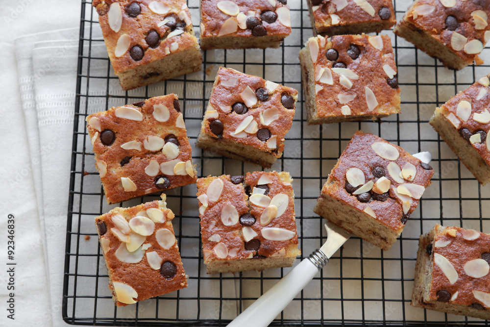 Fototapeta premium Homemade banana chocolate chip almond tea cake