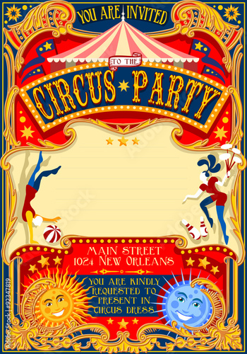 Circus Show Retro Template Party Invitation. Cartoon Poster for Kid Birthday Party. Carnival Festival Theme Background Acrobatics Cabaret Vintage vector. Acrobat Clown Strip Card Game Illustration.
