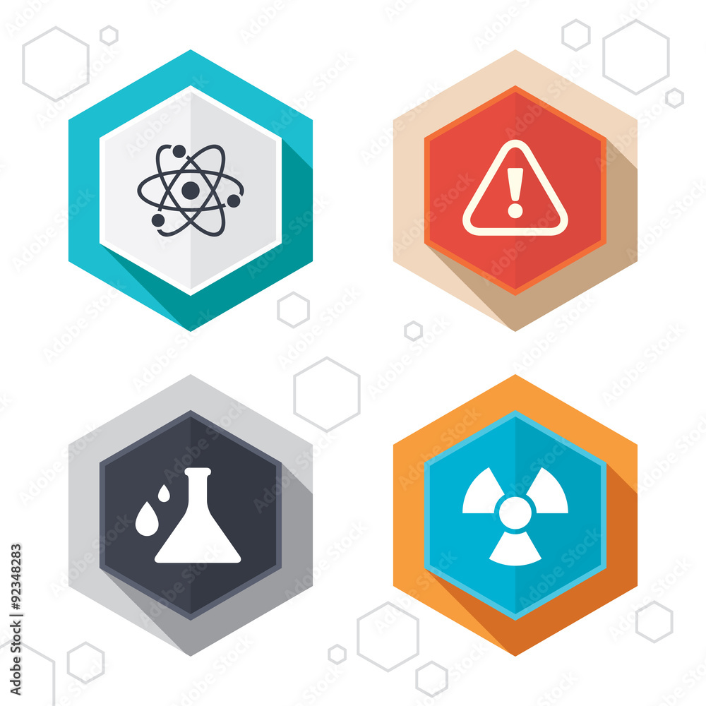 Attention radiation icons. Chemistry flask. Attention radiation icons. Chemistry flask.