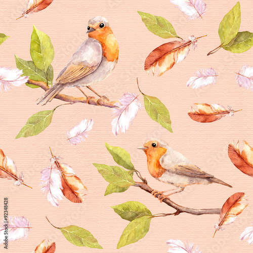 Bird on branch and feathers. Seamless retro watercolor pattern © zzorik