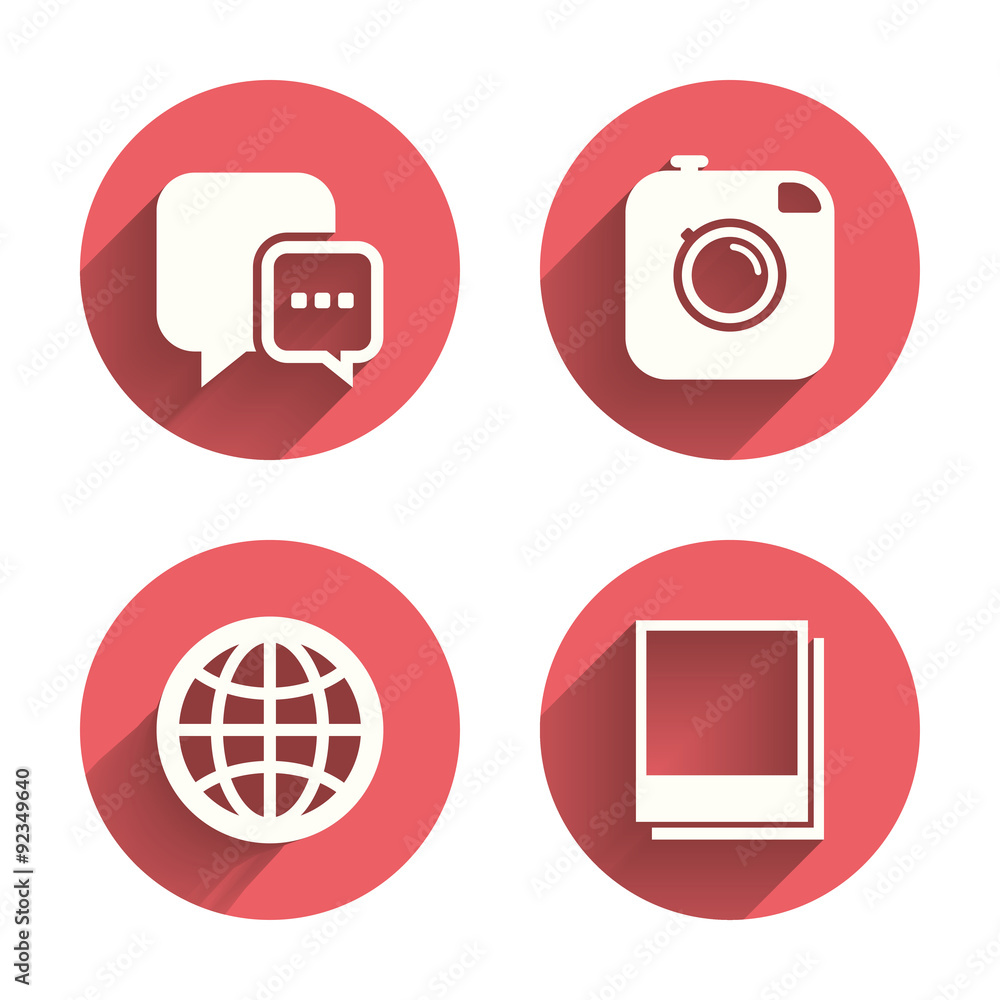 Social media icons. Chat speech bubble and Globe Social media icons. Chat speech bubble and Globe