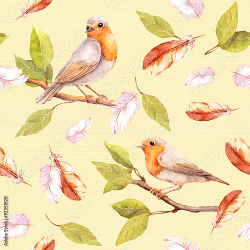 Bird on branch and feathers. Seamless pattern. Watercolor