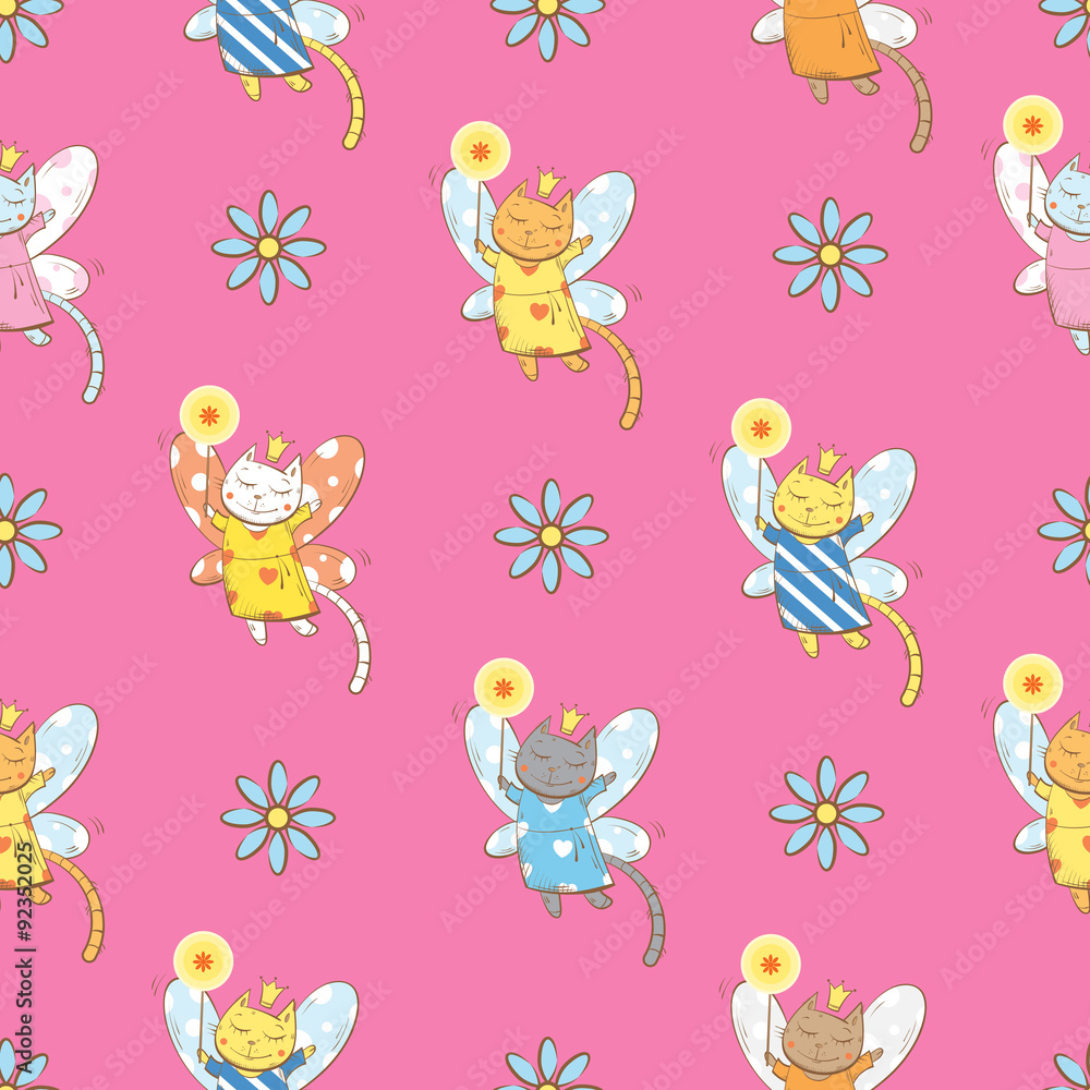 Vector seamless pattern with fairies cats and flowers on a pink background. Vector seamless pattern with fairies cats and flowers on a pink background.