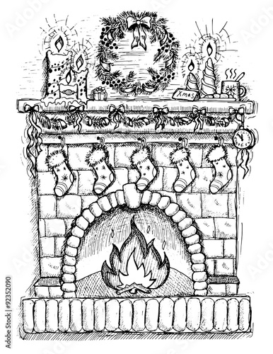 Drawing of fire place with Christmas decorations