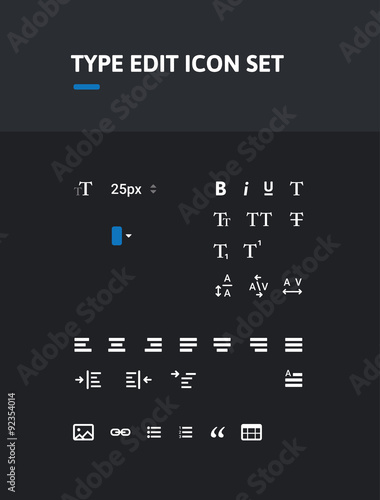 Pack of type editing icons. Icon set. Icons for text, type, character, pharagraph editing. Administrator icons.