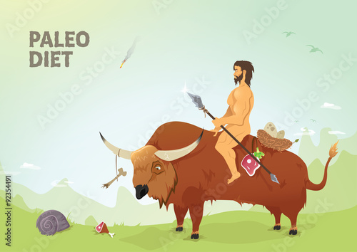 Very quality vector illustration of paleo diet. Caveman riding a buffalo having hunted beef meat. Prehistoric times.