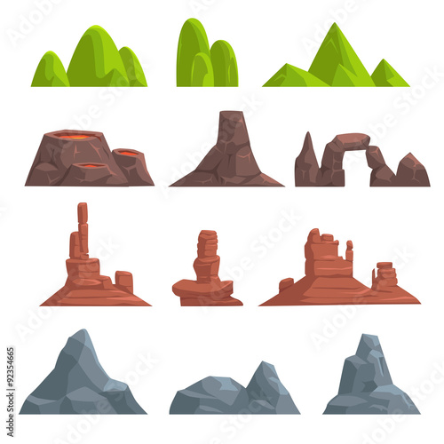 Cartoon hills and mountains set