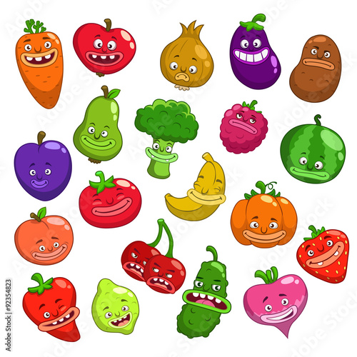 Funny cartoon fruits and vegetables characters