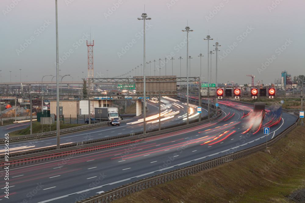 Ring road in the evening. Long exposure. Highway in Pulkovo district. St. Petersburg, Russia