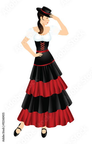 Flamenco dancer. Woman in spanish costume. Women dress hat on head. 