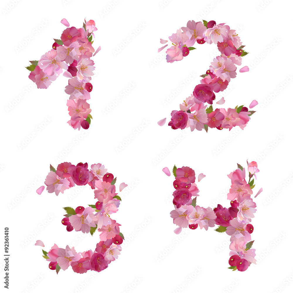 Spring font from cherry flowers figures 1,2,3,4 Spring font from cherry flowers figures 1,2,3,4