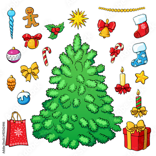 Christmas tree with decorations. vector set