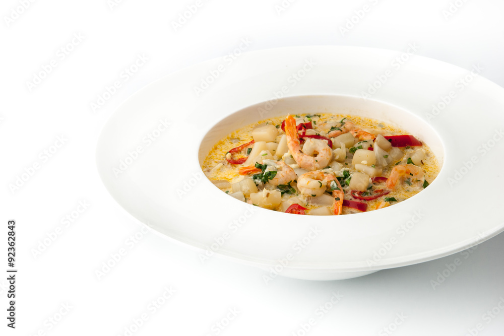 Saute with seafood on the white background horizontal Saute with seafood on the white background horizontal