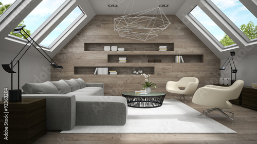 Tableau sur toile Interior of stylish mansard room 3D rendering