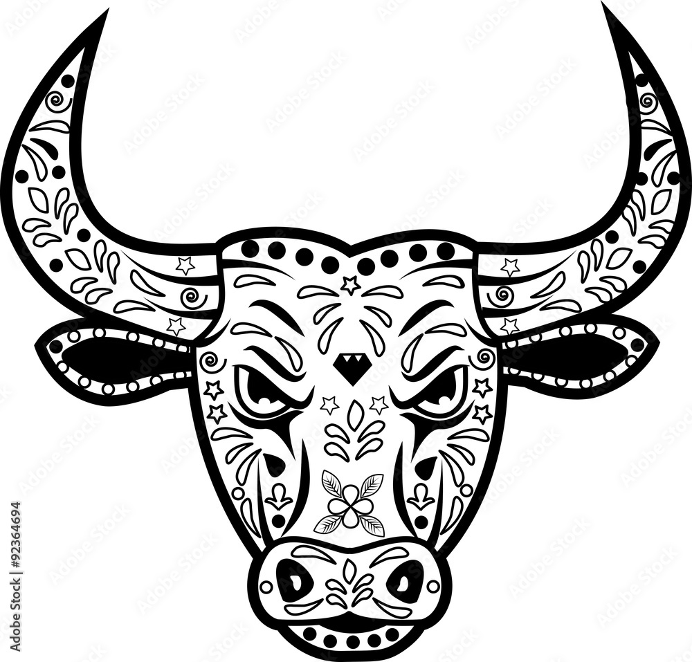 Fototapeta premium vector illustration of a decorated black and white bull's head