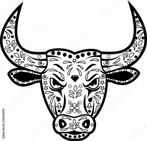 vector illustration of a decorated black and white bull's head