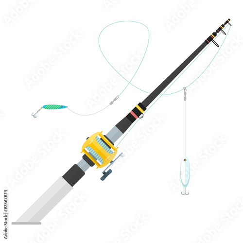 vector flat style trolling spinning fishing rod illustration.