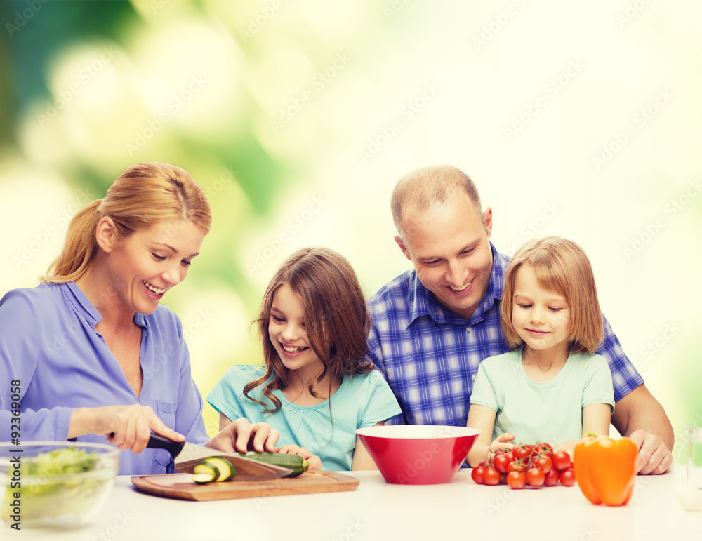 happy family with two kids making dinner at home happy family with two kids making dinner at home