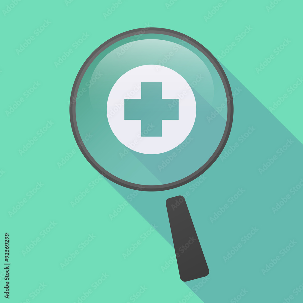 Long shadow magnifier icon with a round pharmacy sign Long shadow magnifier icon with a round pharmacy sign
