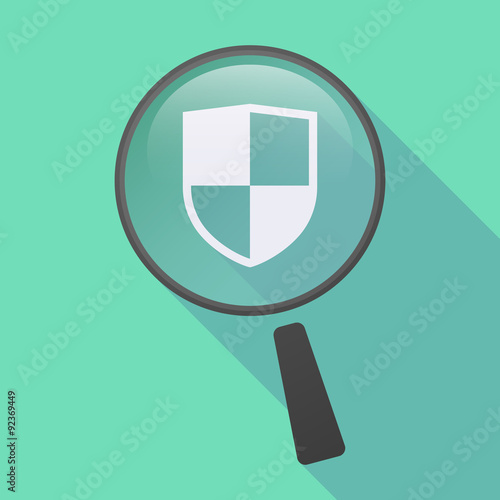 Long shadow magnifier icon with a shield