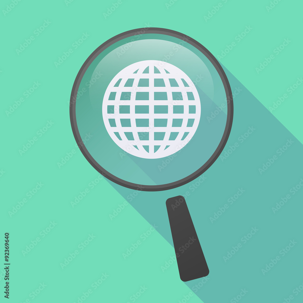 Long shadow magnifier icon with a world globe
