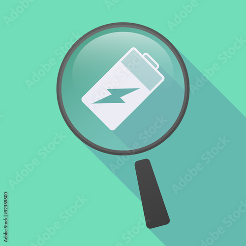 Long shadow magnifier icon with a battery