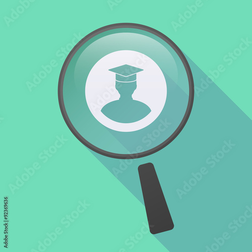 Long shadow magnifier icon with a student