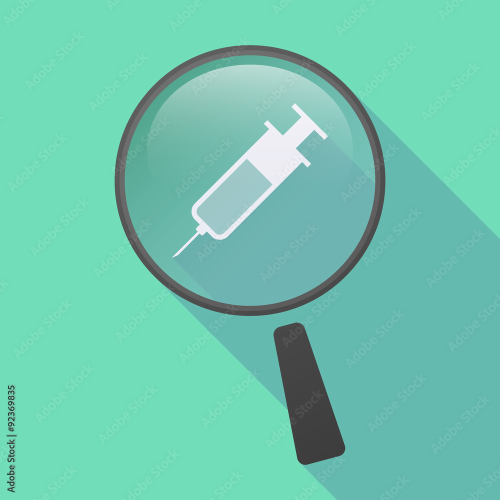 Long shadow magnifier icon with a syringe Long shadow magnifier icon with a syringe