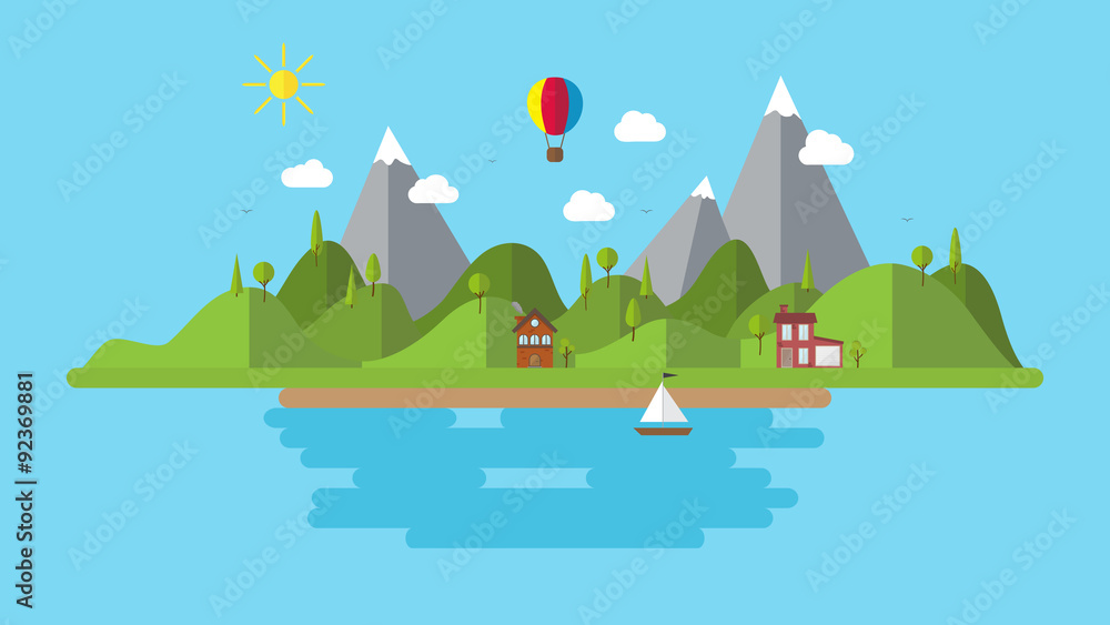 modern flat vector landscape illustration . with house boat and hills . holiday coast scenery background