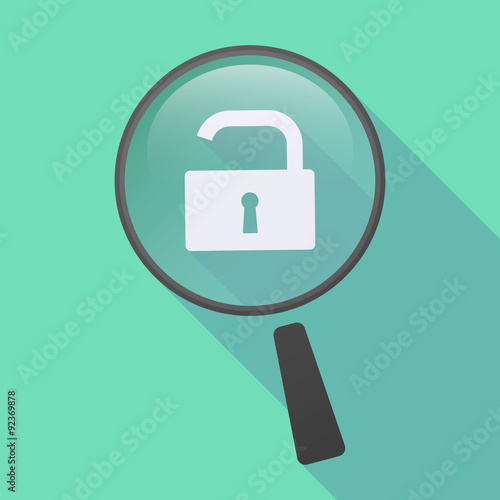 Long shadow magnifier icon with an open lock pad
