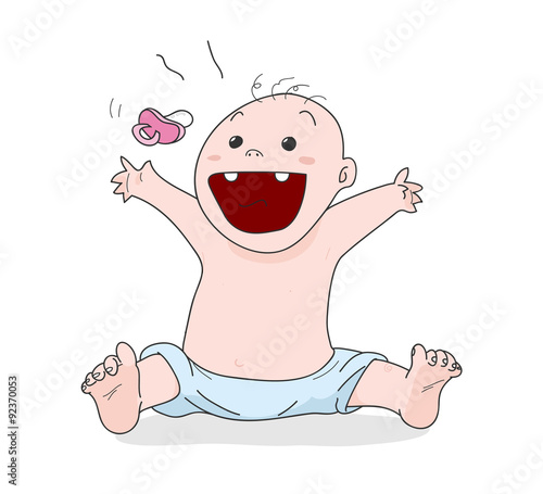Happy Baby, a hand drawn vector illustration of a baby laughing happily until the baby pacifier falls off.