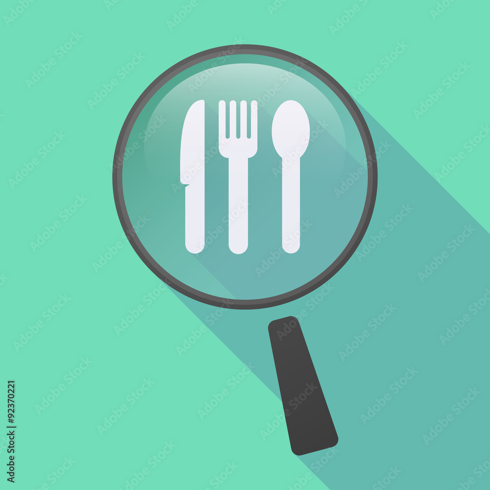 Long shadow magnifier icon with cutlery Long shadow magnifier icon with cutlery