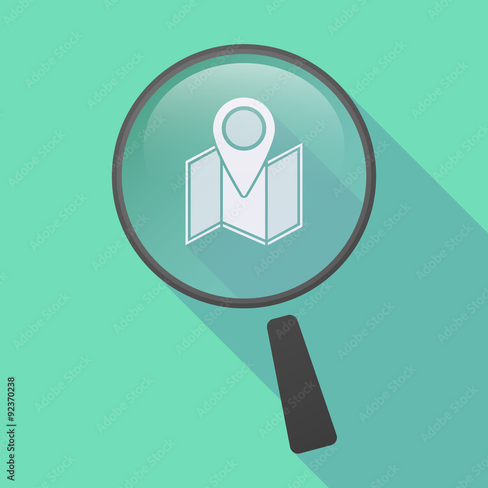 Long shadow magnifier icon with a map Long shadow magnifier icon with a map