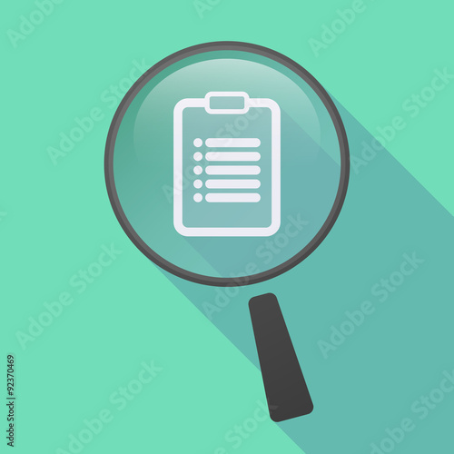 Long shadow magnifier icon with a report
