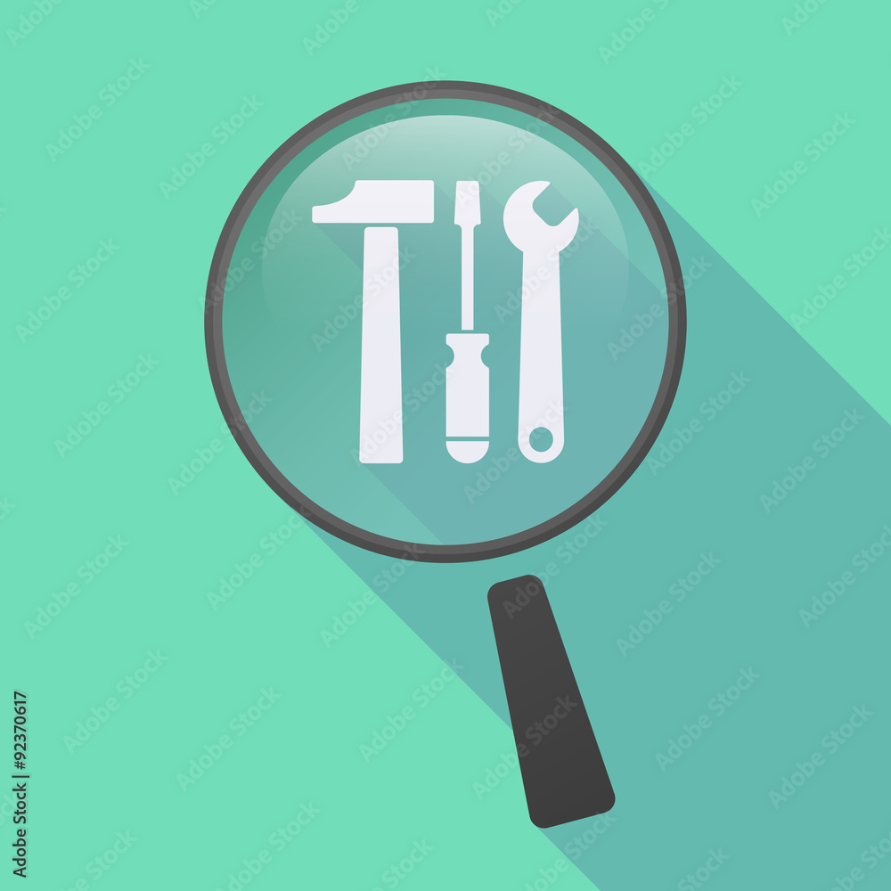 Long shadow magnifier icon with a tool set Long shadow magnifier icon with a tool set