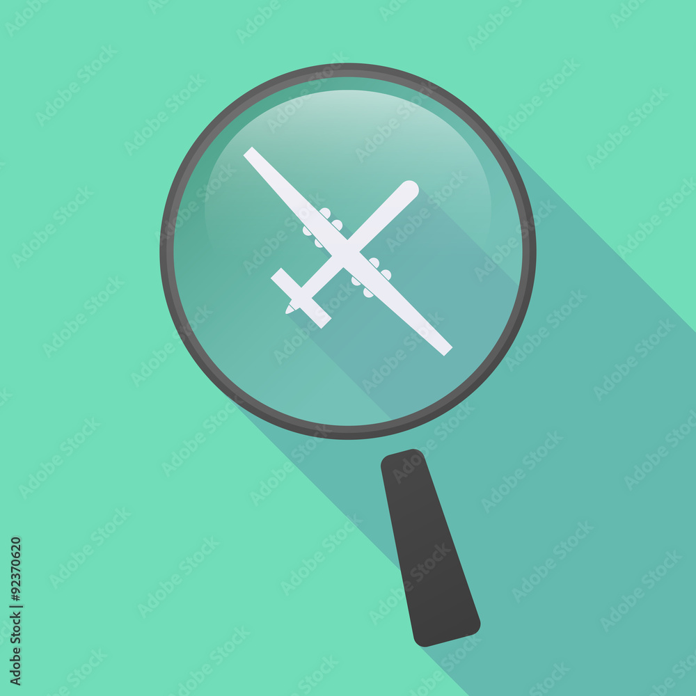 Long shadow magnifier icon with a war drone Long shadow magnifier icon with a war drone