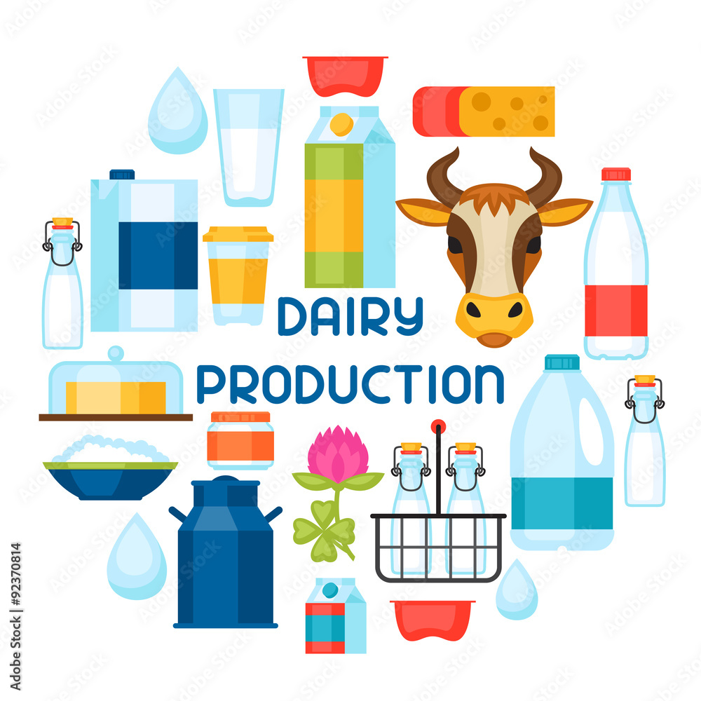 Milk background with dairy products and objects Milk background with dairy products and objects