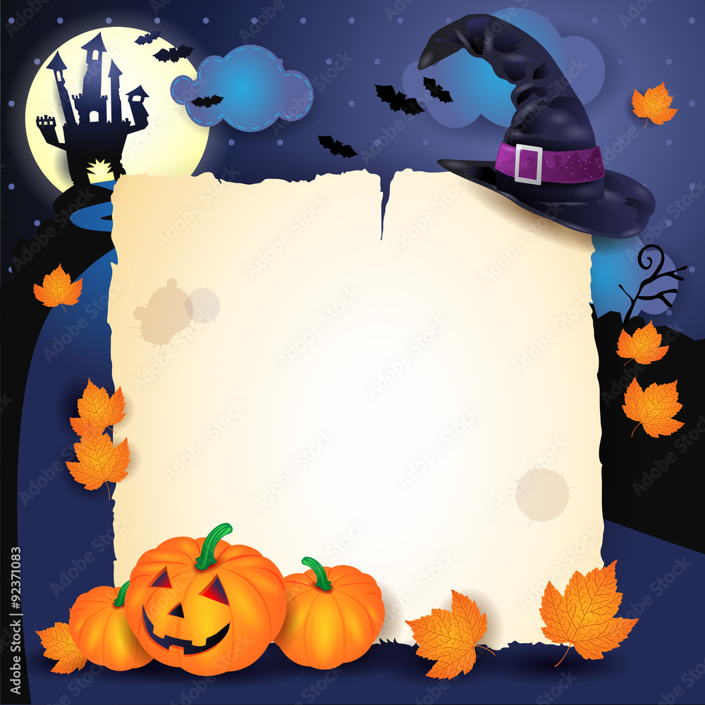 Fototapeta premium Halloween background with parchment, hat and pumpkins