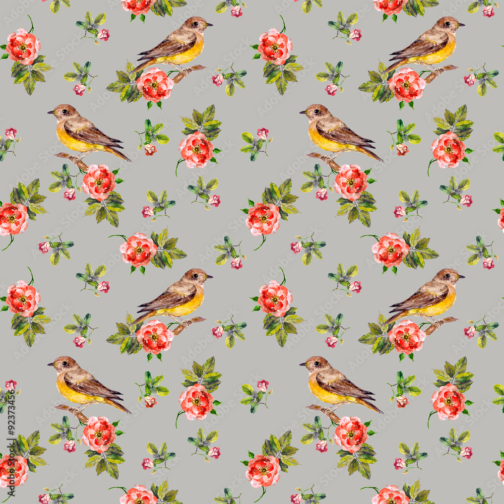 Obraz premium Tender grey floral backdrop with roses and birds